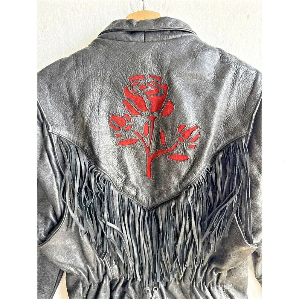 Vintage UNIK Premium Rose Fringe Motorcycle Leather Jacket Black Women’s Large - Picture 3 of 12